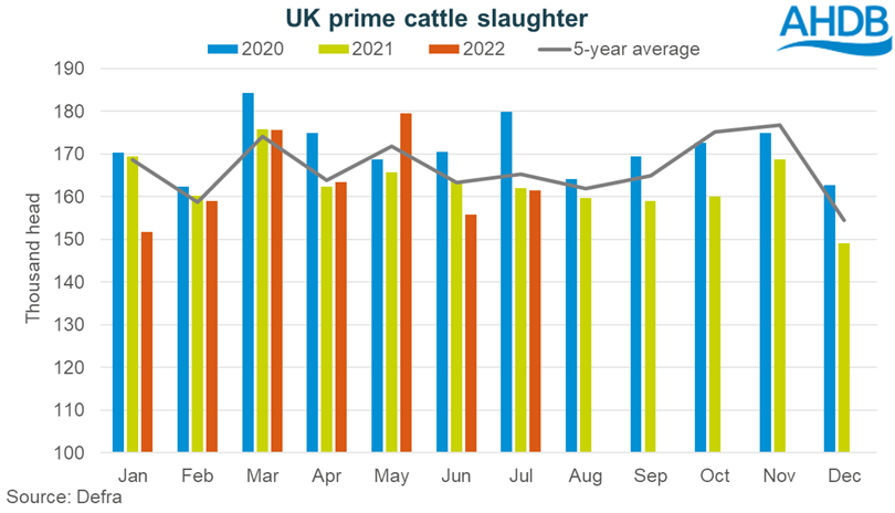 Graph showing monthly UK prime cattle slaughter to July 2022
